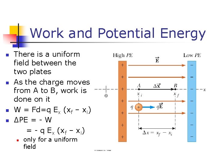 Work and Potential Energy n n There is a uniform field between the two