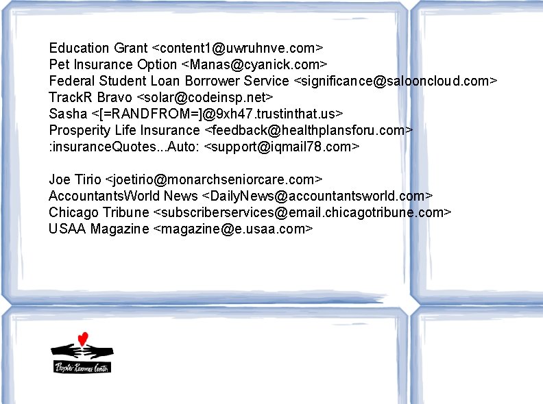 Education Grant <content 1@uwruhnve. com> Pet Insurance Option <Manas@cyanick. com> Federal Student Loan Borrower Education Grant <content 1@uwruhnve. com> Pet Insurance Option <Manas@cyanick. com> Federal Student Loan Borrower