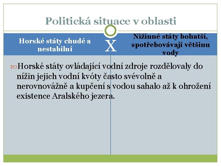 Politická situace v oblasti Horské státy chudé a nestabilní X Nižinné státy bohatší, spotřebovávají