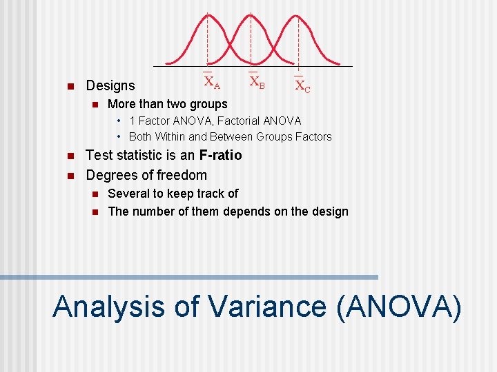 n Designs n XA XB XC More than two groups • 1 Factor ANOVA,