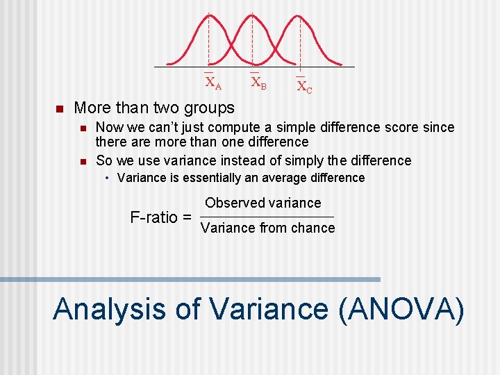 XA n XB XC More than two groups n n Now we can’t just