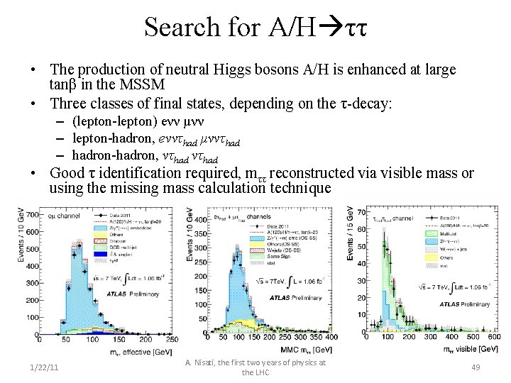 Search for A/H ττ • The production of neutral Higgs bosons A/H is enhanced