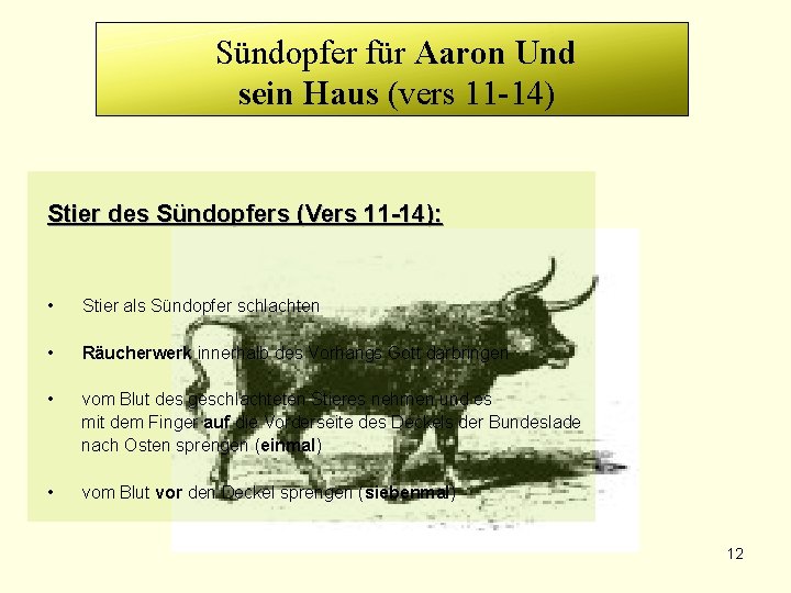 Sündopfer für Aaron Und sein Haus (vers 11 -14) Stier des Sündopfers (Vers 11