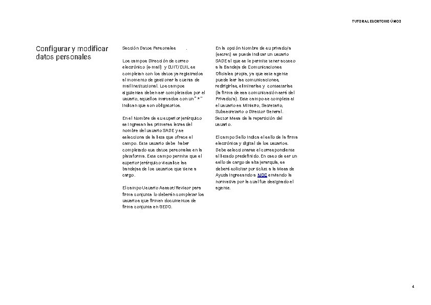 TUTORIAL ESCRITORIO ÚNICO Configurar y modificar datos personales Sección Datos Personales . Los campos TUTORIAL ESCRITORIO ÚNICO Configurar y modificar datos personales Sección Datos Personales . Los campos