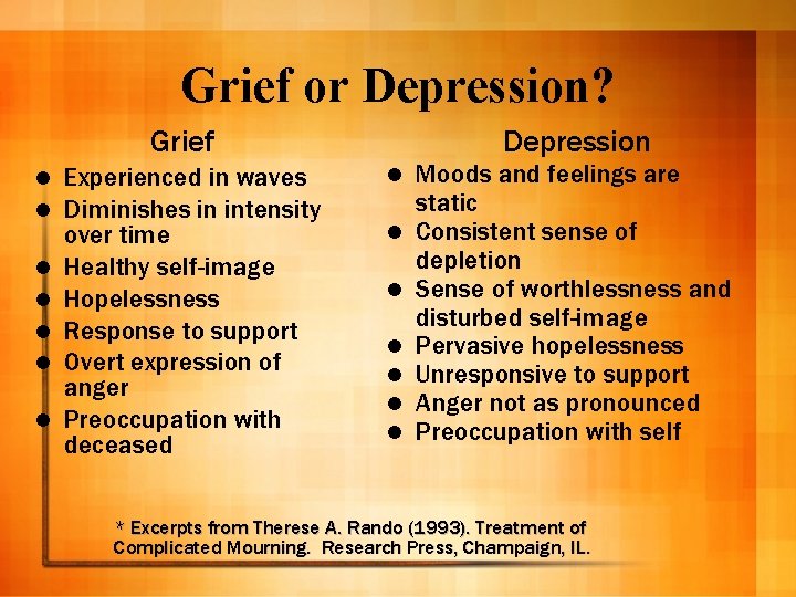 Grief or Depression? Grief l l l l Experienced in waves Diminishes in intensity