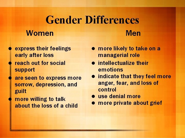 Gender Differences Women express their feelings early after loss l reach out for social