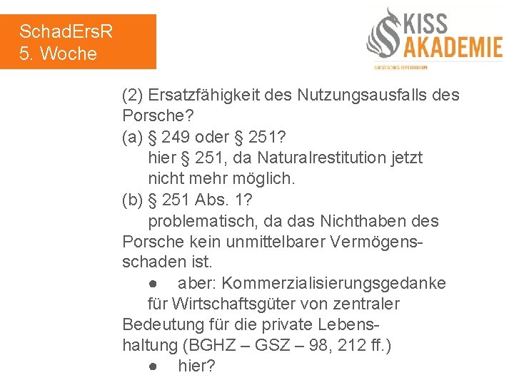 Schad. Ers. R 5. Woche (2) Ersatzfähigkeit des Nutzungsausfalls des Porsche? (a) § 249