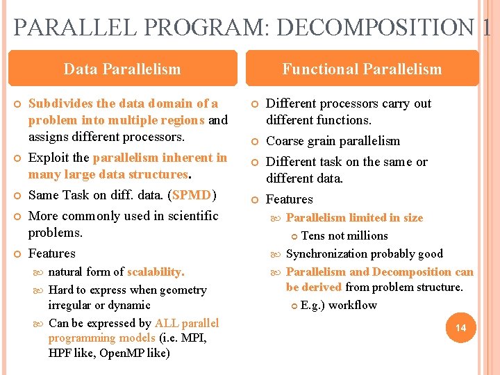 PARALLEL PROGRAM: DECOMPOSITION 1 Data Parallelism Subdivides the data domain of a problem into