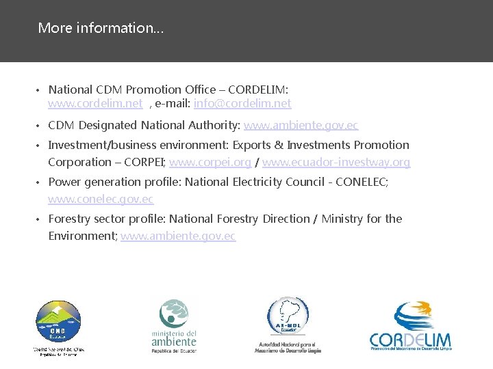 More information… • National CDM Promotion Office – CORDELIM: www. cordelim. net , e-mail: