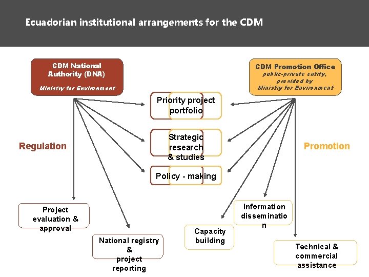 Ecuadorian institutional arrangements for the CDM National Authority (DNA) CDM Promotion Office public-private entity,