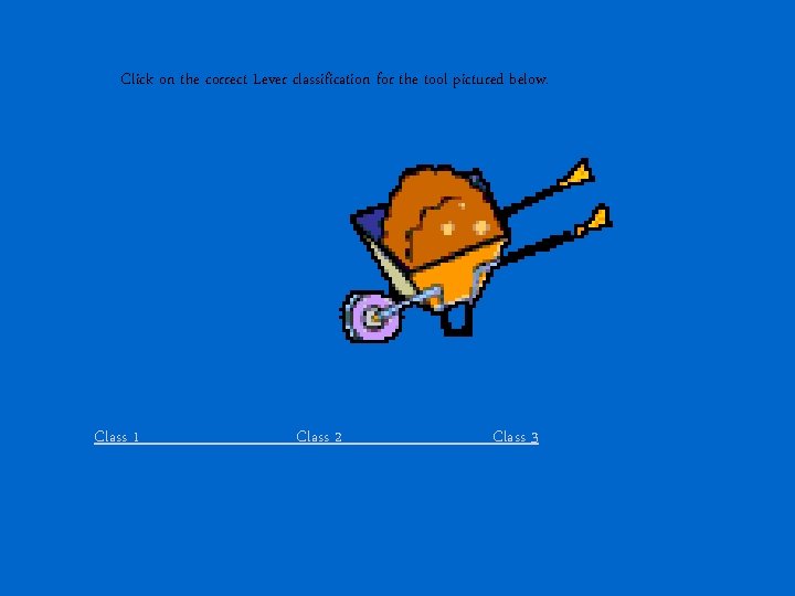 Click on the correct Lever classification for the tool pictured below. Class 1 Class