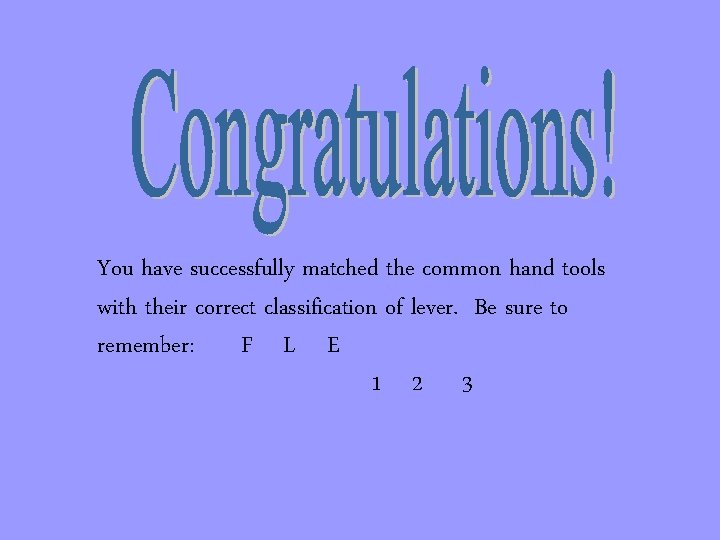 You have successfully matched the common hand tools with their correct classification of lever.