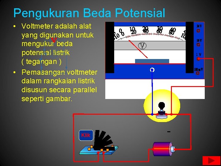 Pengukuran Beda Potensial • Voltmeter adalah alat yang digunakan untuk mengukur beda potensial listrik