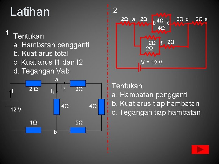 Latihan 2 2Ω a 2Ω 1 Tentukan a. Hambatan pengganti b. Kuat arus total