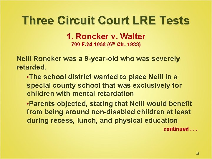 Three Circuit Court LRE Tests 1. Roncker v. Walter 700 F. 2 d 1058