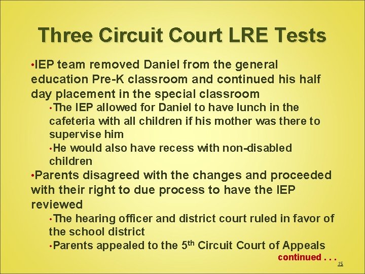Three Circuit Court LRE Tests • IEP team removed Daniel from the general education