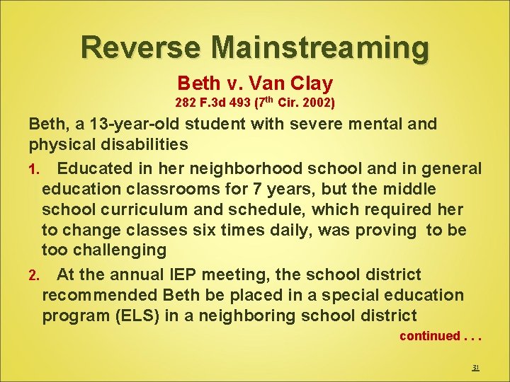 Reverse Mainstreaming Beth v. Van Clay 282 F. 3 d 493 (7 th Cir.