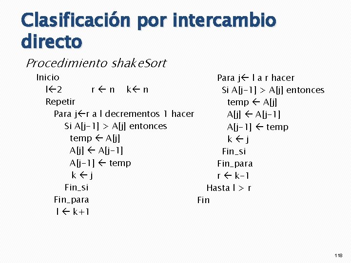 Clasificación por intercambio directo Procedimiento shake. Sort Inicio Para j l a r hacer