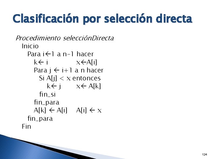 Clasificación por selección directa Procedimiento selección. Directa Inicio Para i 1 a n-1 hacer