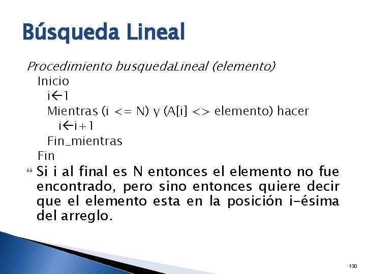 Búsqueda Lineal Procedimiento busqueda. Lineal (elemento) Inicio i 1 Mientras (i <= N) y