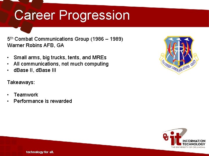 Career Progression 5 th Combat Communications Group (1986 – 1989) Warner Robins AFB, GA