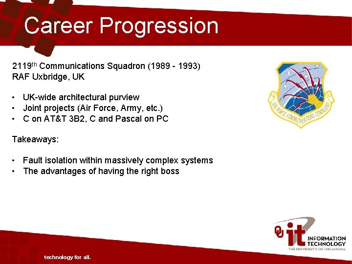 Career Progression 2119 th Communications Squadron (1989 - 1993) RAF Uxbridge, UK • UK-wide