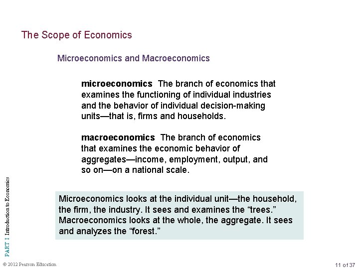 The Scope of Economics Microeconomics and Macroeconomics microeconomics The branch of economics that examines