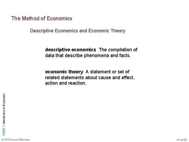 The Method of Economics Descriptive Economics and Economic Theory descriptive economics The compilation of