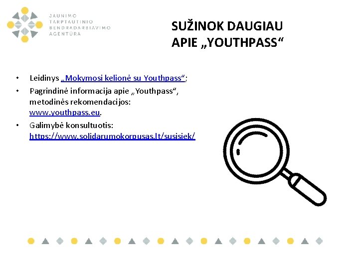 SUŽINOK DAUGIAU APIE „YOUTHPASS“ • • • Leidinys „Mokymosi kelionė su Youthpass“; Pagrindinė informacija