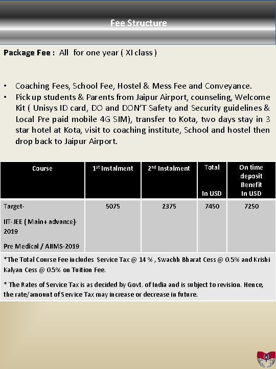 Fee Structure Package Fee : All for one year ( XI class ) •