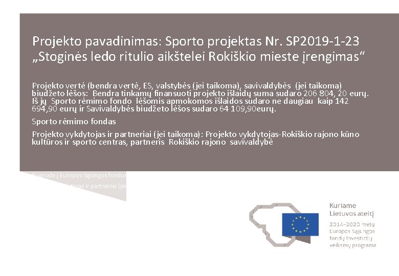 Projekto pavadinimas: Sporto projektas Nr. SP 2019 -1 -23 „Stoginės ledo ritulio aikštelei Rokiškio
