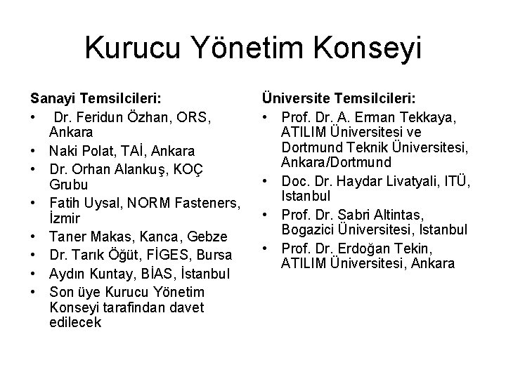 Kurucu Yönetim Konseyi Sanayi Temsilcileri: • Dr. Feridun Özhan, ORS, Ankara • Naki Polat,