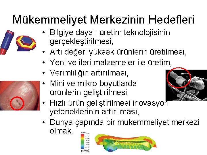 Mükemmeliyet Merkezinin Hedefleri • Bilgiye dayalı üretim teknolojisinin gerçekleştirilmesi, • Artı değeri yüksek ürünlerin