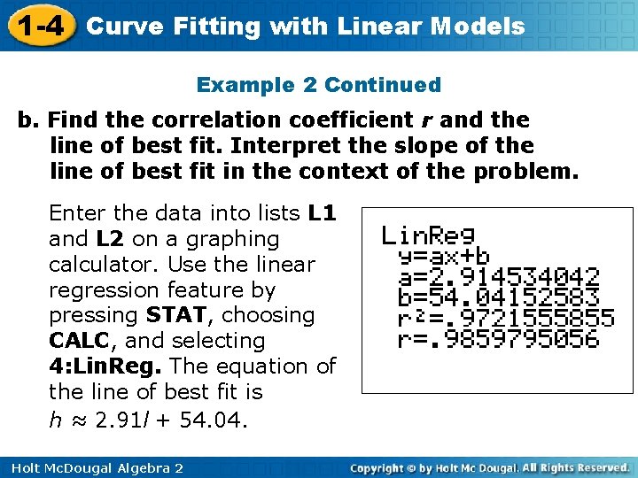 1 -4 Curve Fitting with Linear Models Example 2 Continued b. Find the correlation