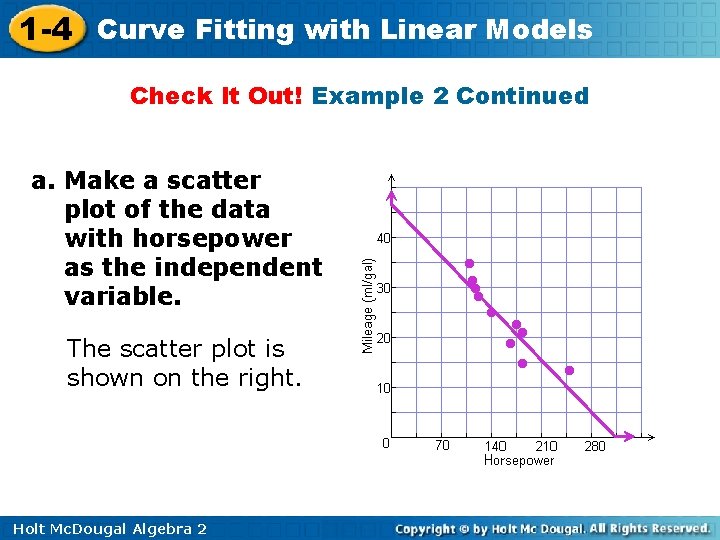 1 -4 Curve Fitting with Linear Models Check It Out! Example 2 Continued a.