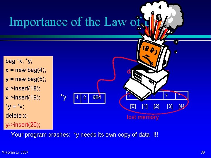 Importance of the Law of Big-3 bag *x, *y; x = new bag(4); dangling