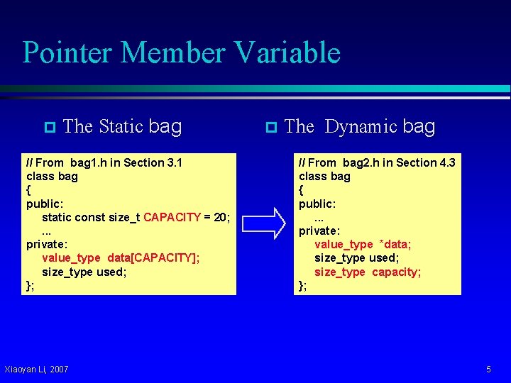 Pointer Member Variable p The Static bag // From bag 1. h in Section