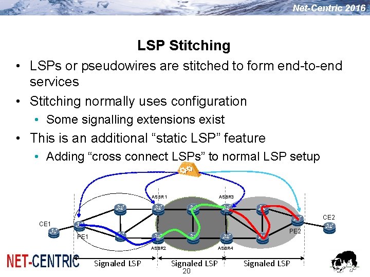 Net-Centric 2016 LSP Stitching • LSPs or pseudowires are stitched to form end-to-end services Net-Centric 2016 LSP Stitching • LSPs or pseudowires are stitched to form end-to-end services