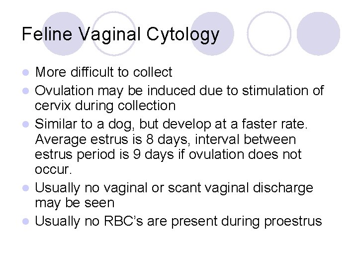 Feline Vaginal Cytology l l l More difficult to collect Ovulation may be induced