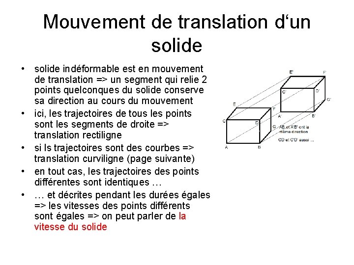 Mouvement de translation d‘un solide • solide indéformable est en mouvement de translation =>