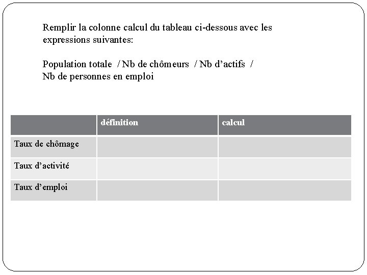 Remplir la colonne calcul du tableau ci-dessous avec les expressions suivantes: Population totale /