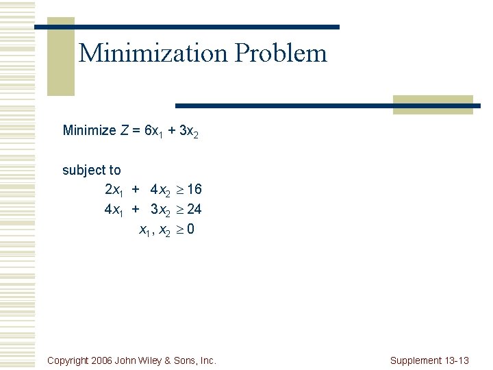 Minimization Problem Minimize Z = 6 x 1 + 3 x 2 subject to