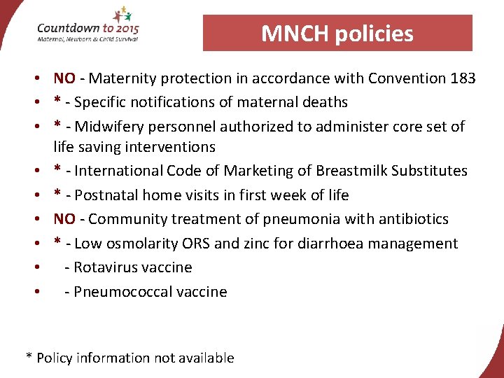 MNCH policies • NO - Maternity protection in accordance with Convention 183 • *