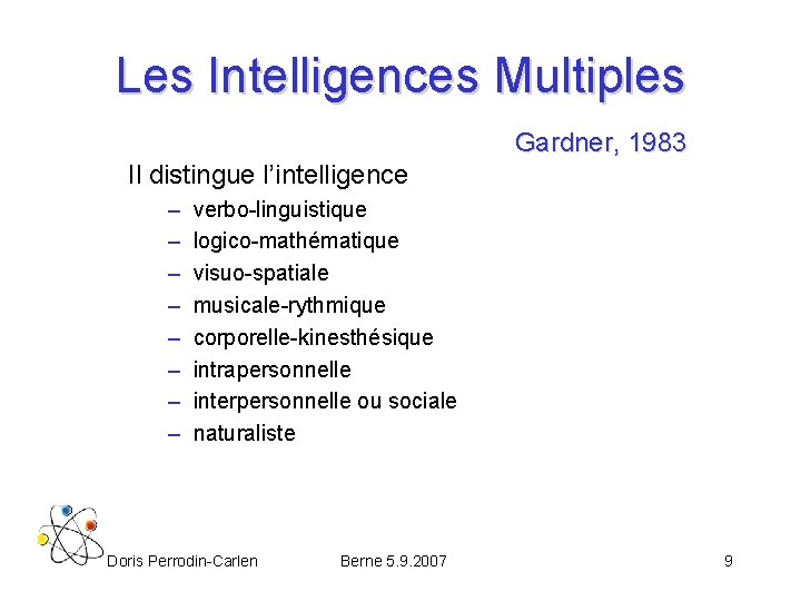 Les Intelligences Multiples Gardner, 1983 Il distingue l’intelligence – – – – verbo-linguistique logico-mathématique