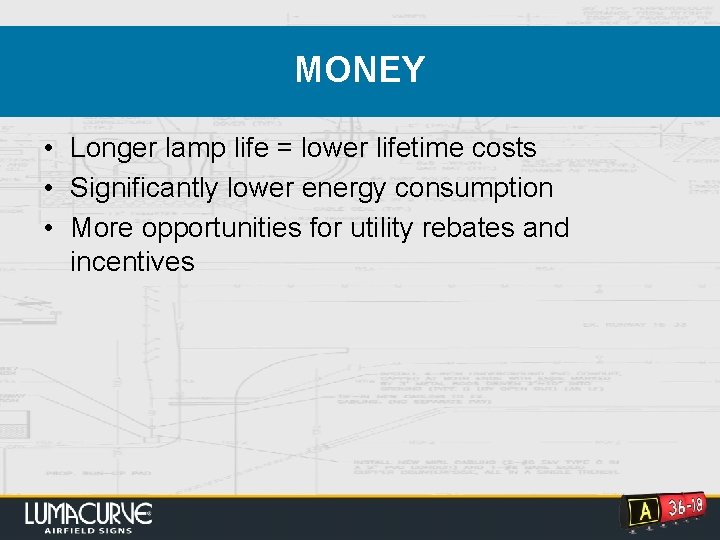 MONEY • Longer lamp life = lower lifetime costs • Significantly lower energy consumption