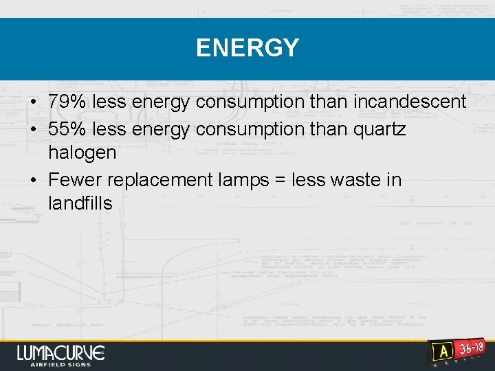 ENERGY • 79% less energy consumption than incandescent • 55% less energy consumption than