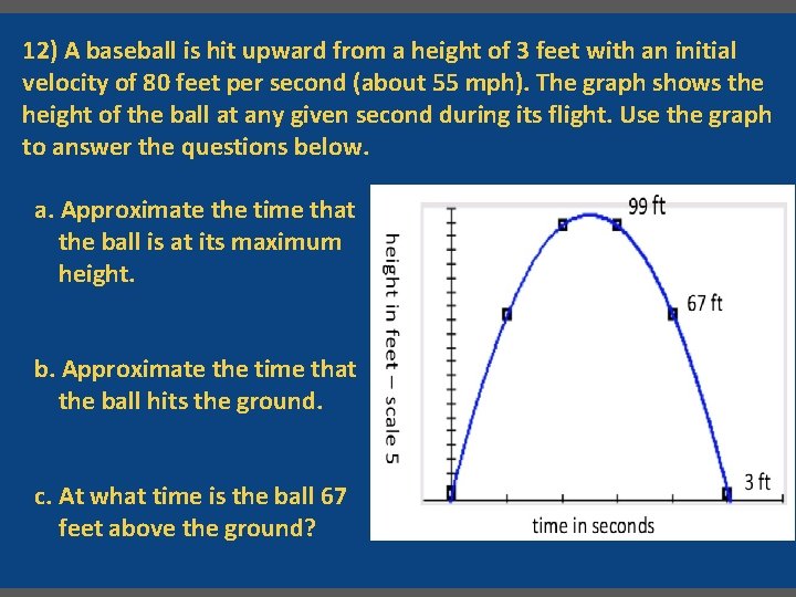 12) A baseball is hit upward from a height of 3 feet with an