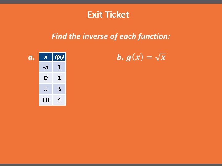 Exit Ticket x f(x) -5 1 0 5 10 2 3 4 