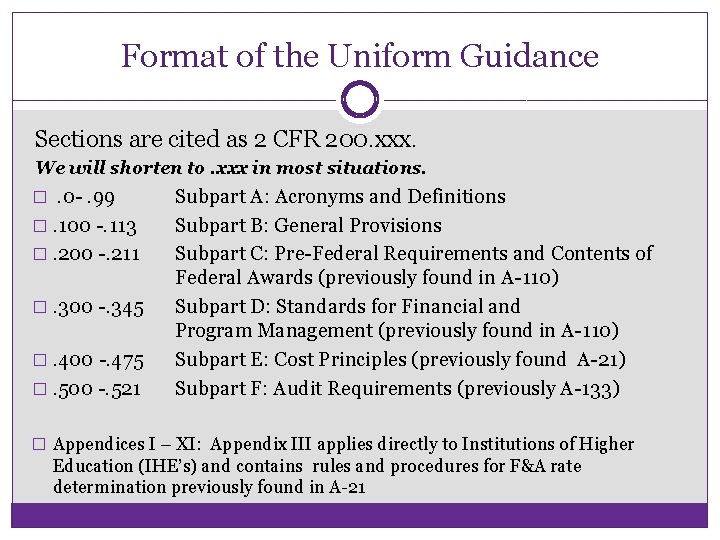 Format of the Uniform Guidance Sections are cited as 2 CFR 200. xxx. We