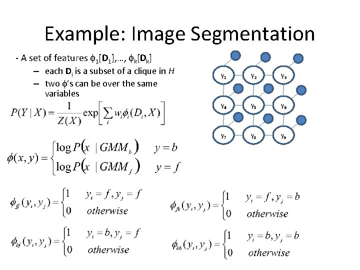 Example: Image Segmentation - A set of features 1[D 1], …, k[Dk] – each